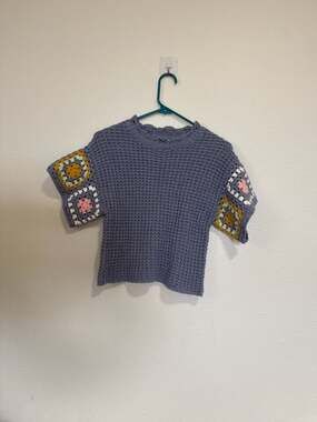 Universal Thread Blue Granny Square Crochet Puff Sleeve Cropped Sweater
